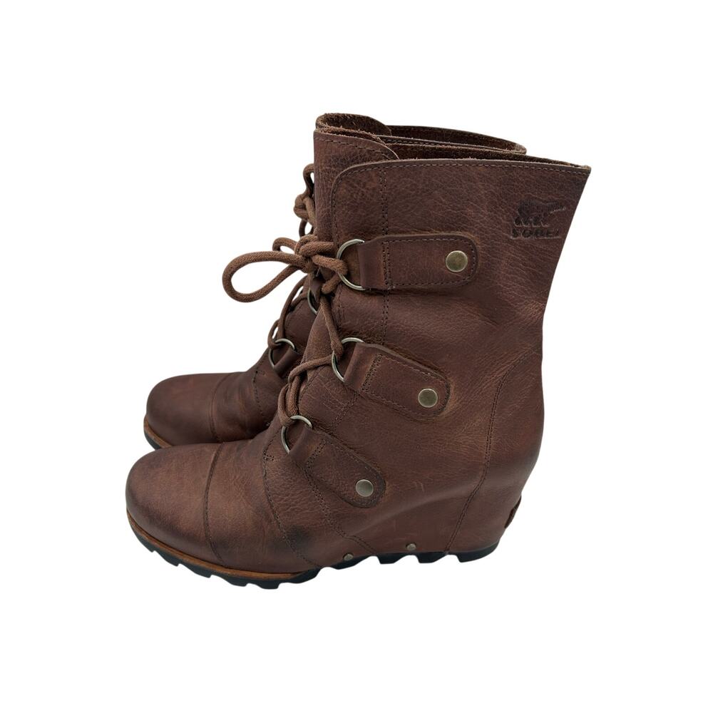 SOREL Joan of Arctic Lace up Wedge booties Ash Brown Leather Women’s 7.5 - Picture 3 of 9
